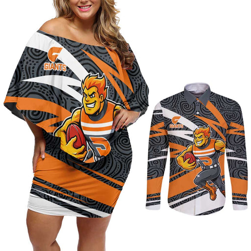 Greater Western Sydney Giants Australian Football Couples Matching Off Shoulder Short Dress and Long Sleeve Button Shirt Athletic Hero Mascot With Indigenous Pattern Art