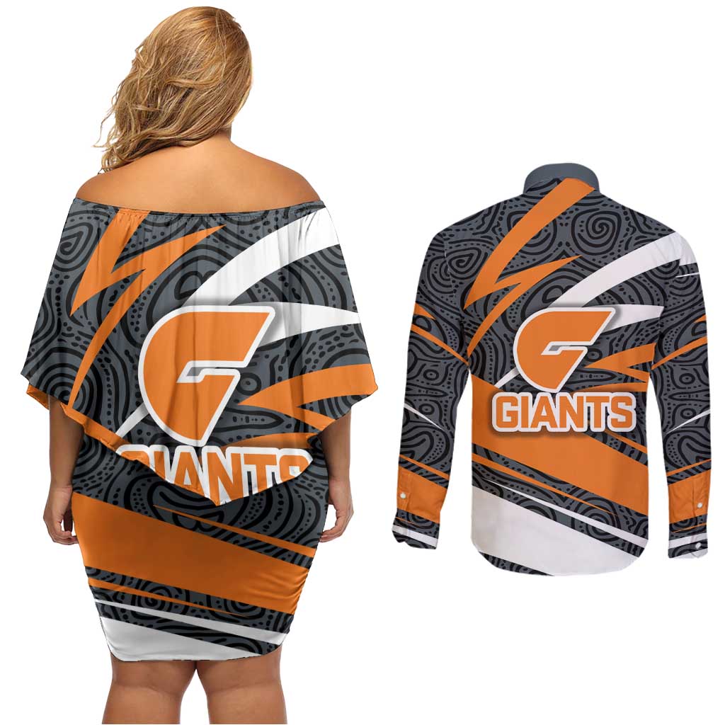 Greater Western Sydney Giants Australian Football Couples Matching Off Shoulder Short Dress and Long Sleeve Button Shirt Athletic Hero Mascot With Indigenous Pattern Art