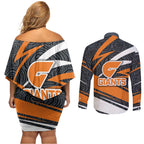 Greater Western Sydney Giants Australian Football Couples Matching Off Shoulder Short Dress and Long Sleeve Button Shirt Athletic Hero Mascot With Indigenous Pattern Art