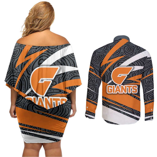 Greater Western Sydney Giants Australian Football Couples Matching Off Shoulder Short Dress and Long Sleeve Button Shirt Athletic Hero Mascot With Indigenous Pattern Art