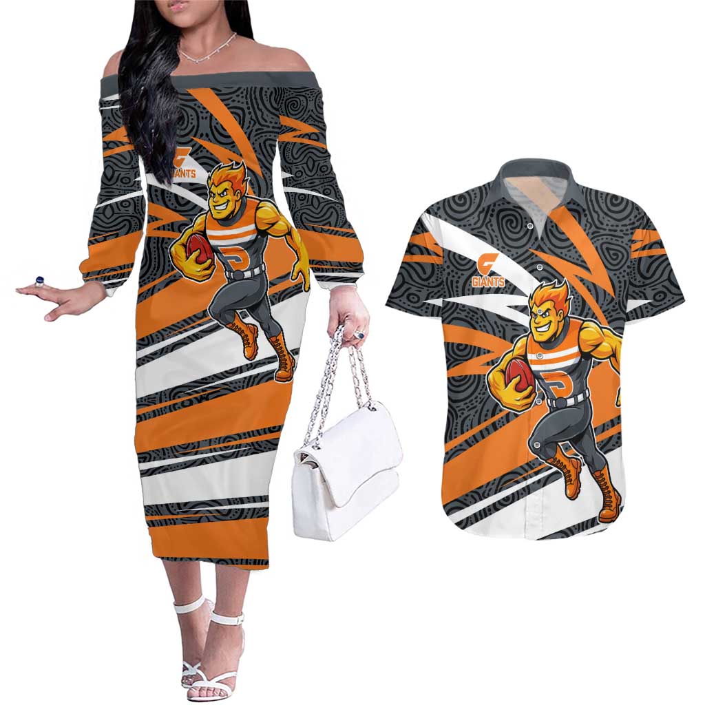 Greater Western Sydney Giants Australian Football Couples Matching Off The Shoulder Long Sleeve Dress and Hawaiian Shirt Athletic Hero Mascot With Indigenous Pattern Art