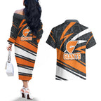 Greater Western Sydney Giants Australian Football Couples Matching Off The Shoulder Long Sleeve Dress and Hawaiian Shirt Athletic Hero Mascot With Indigenous Pattern Art