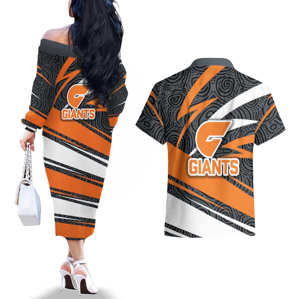 Greater Western Sydney Giants Australian Football Couples Matching Off The Shoulder Long Sleeve Dress and Hawaiian Shirt Athletic Hero Mascot With Indigenous Pattern Art