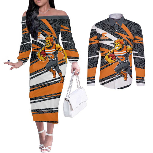 Greater Western Sydney Giants Australian Football Couples Matching Off The Shoulder Long Sleeve Dress and Long Sleeve Button Shirt Athletic Hero Mascot With Indigenous Pattern Art