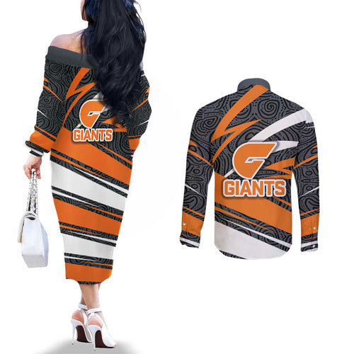 Greater Western Sydney Giants Australian Football Couples Matching Off The Shoulder Long Sleeve Dress and Long Sleeve Button Shirt Athletic Hero Mascot With Indigenous Pattern Art