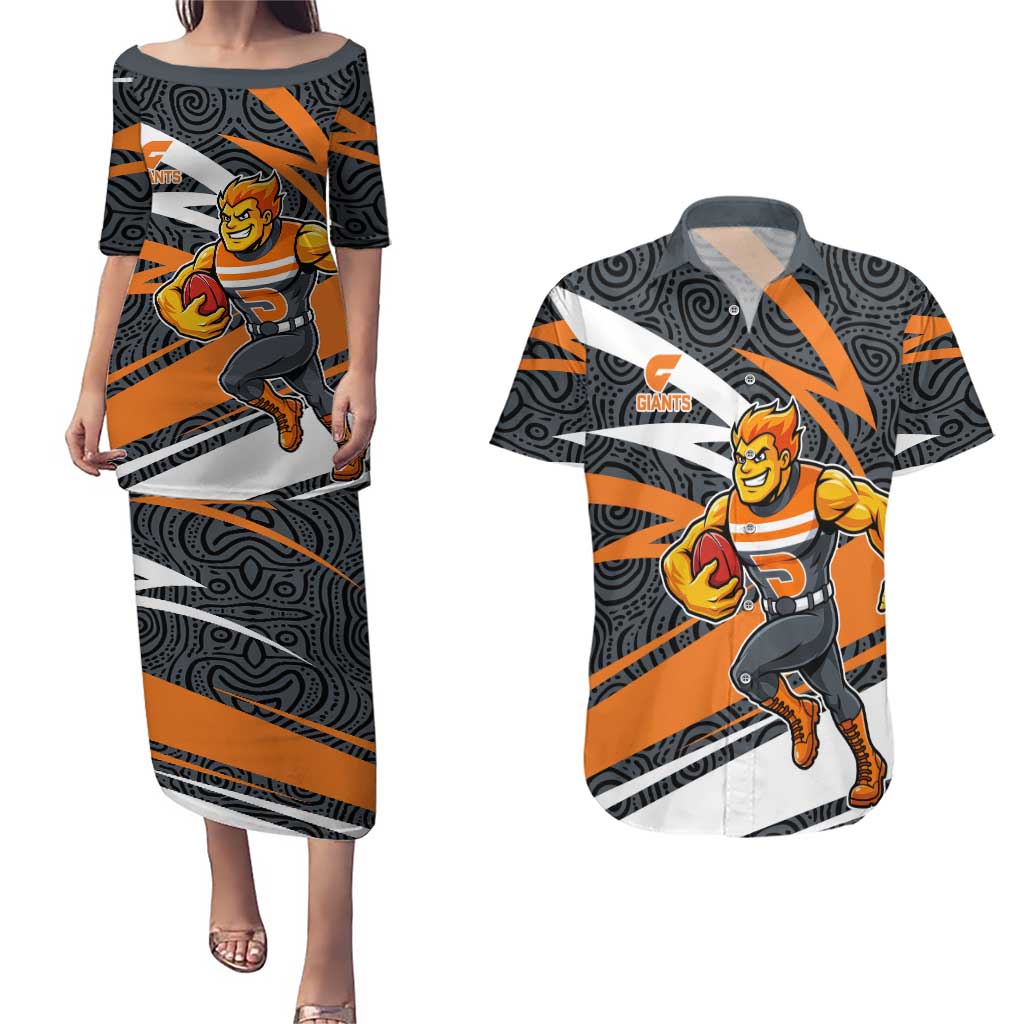 Greater Western Sydney Giants Australian Football Couples Matching Puletasi and Hawaiian Shirt Athletic Hero Mascot With Indigenous Pattern Art