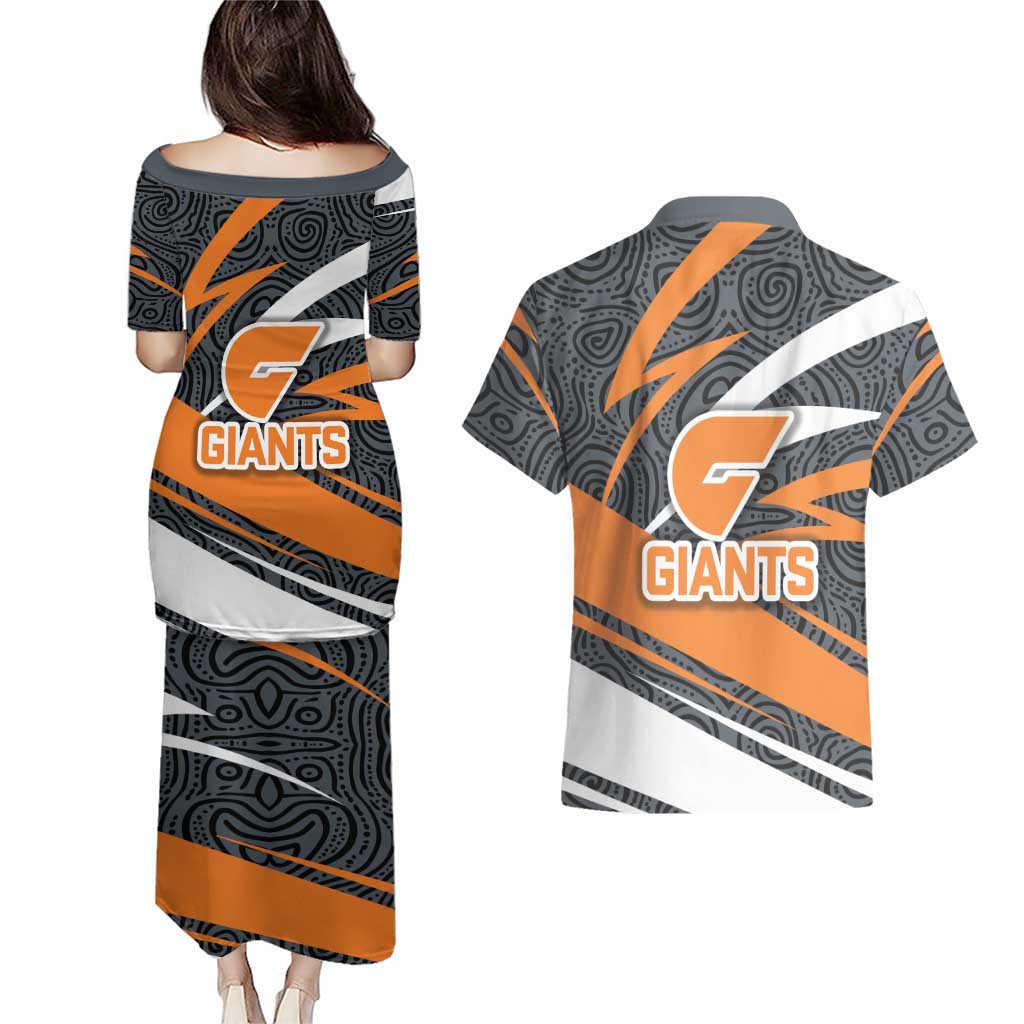 Greater Western Sydney Giants Australian Football Couples Matching Puletasi and Hawaiian Shirt Athletic Hero Mascot With Indigenous Pattern Art