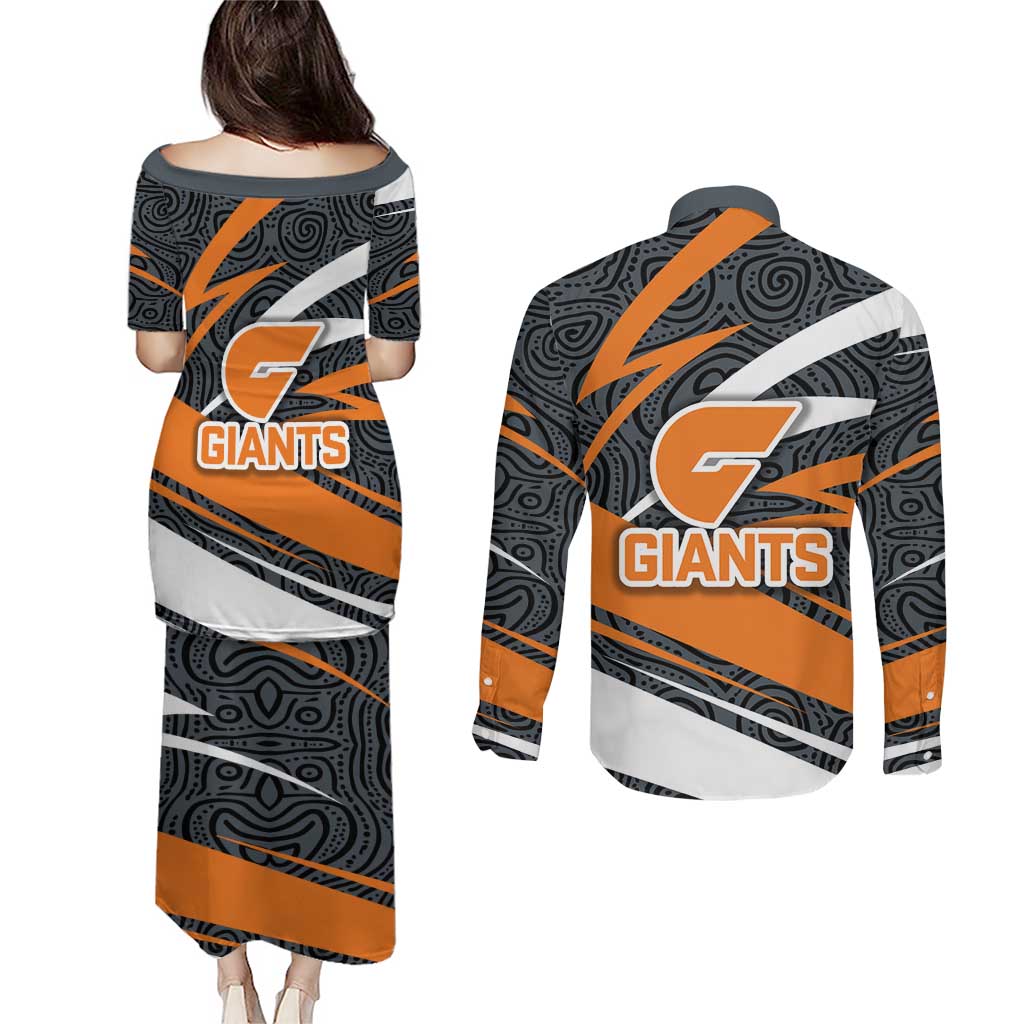 Greater Western Sydney Giants Australian Football Couples Matching Puletasi and Long Sleeve Button Shirt Athletic Hero Mascot With Indigenous Pattern Art