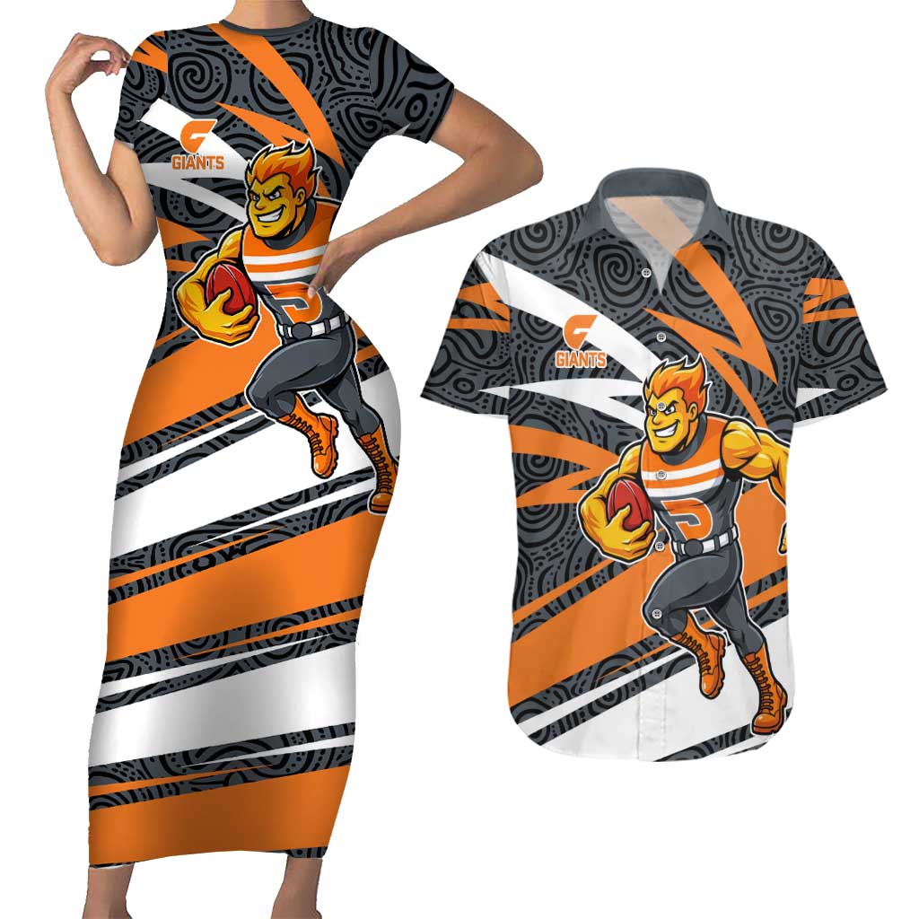 Greater Western Sydney Giants Australian Football Couples Matching Short Sleeve Bodycon Dress and Hawaiian Shirt Athletic Hero Mascot With Indigenous Pattern Art