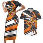 Greater Western Sydney Giants Australian Football Couples Matching Short Sleeve Bodycon Dress and Hawaiian Shirt Athletic Hero Mascot With Indigenous Pattern Art