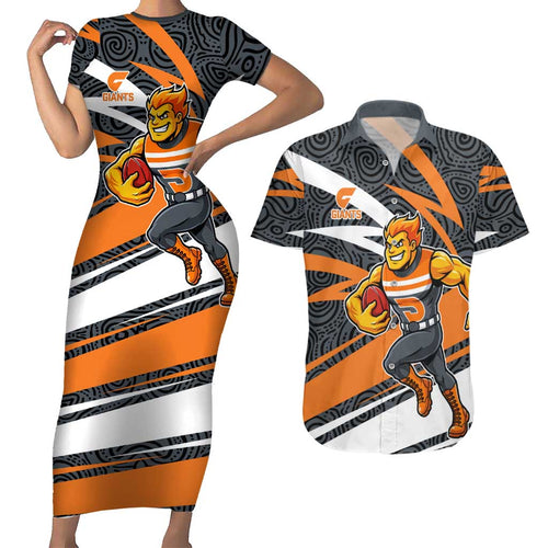 Greater Western Sydney Giants Australian Football Couples Matching Short Sleeve Bodycon Dress and Hawaiian Shirt Athletic Hero Mascot With Indigenous Pattern Art