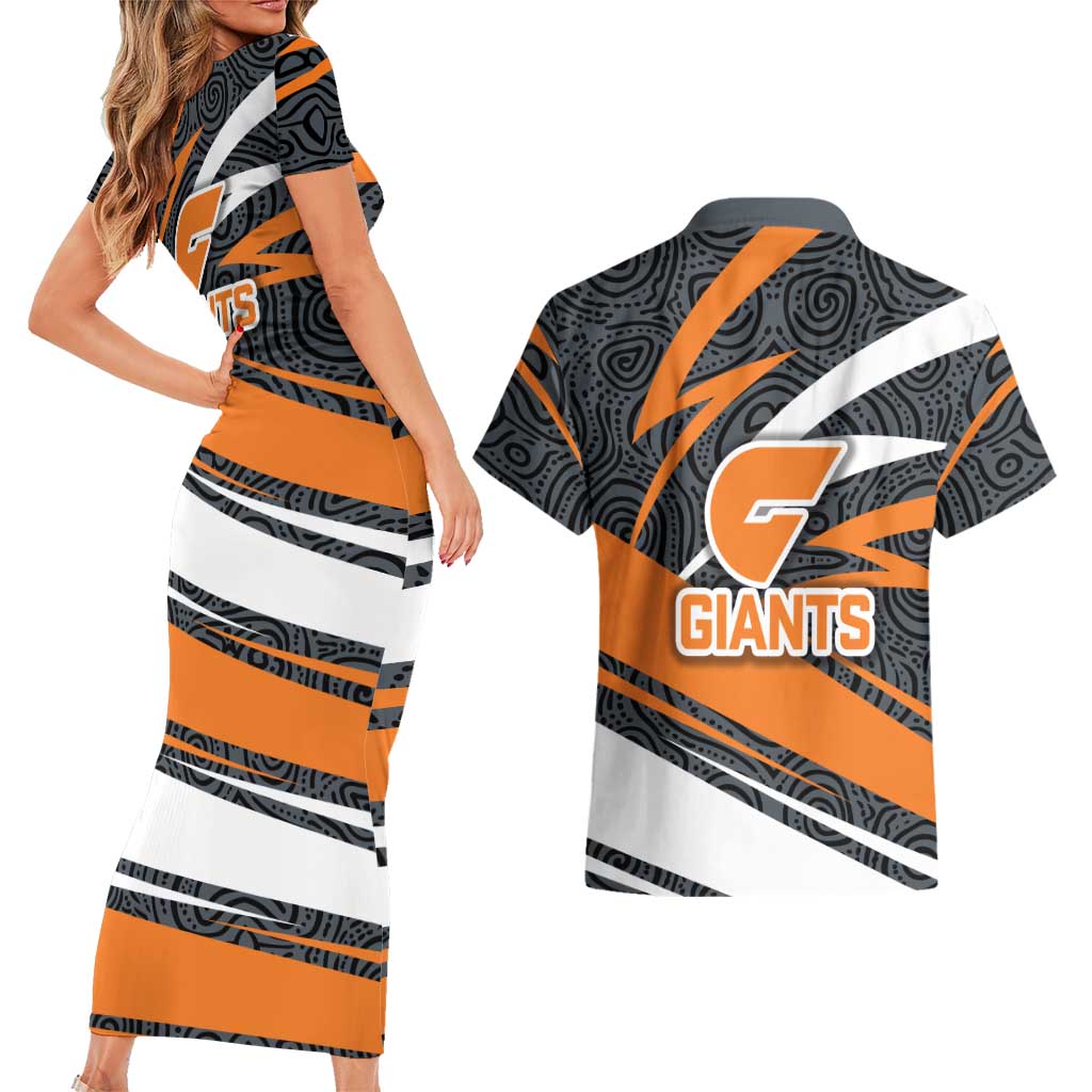 Greater Western Sydney Giants Australian Football Couples Matching Short Sleeve Bodycon Dress and Hawaiian Shirt Athletic Hero Mascot With Indigenous Pattern Art