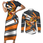 Greater Western Sydney Giants Australian Football Couples Matching Short Sleeve Bodycon Dress and Long Sleeve Button Shirt Athletic Hero Mascot With Indigenous Pattern Art