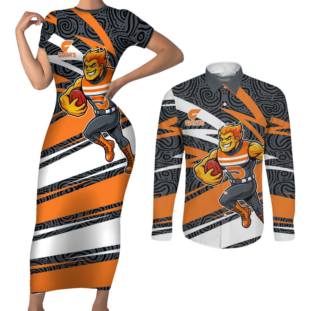 Greater Western Sydney Giants Australian Football Couples Matching Short Sleeve Bodycon Dress and Long Sleeve Button Shirt Athletic Hero Mascot With Indigenous Pattern Art