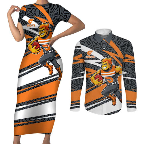 Greater Western Sydney Giants Australian Football Couples Matching Short Sleeve Bodycon Dress and Long Sleeve Button Shirt Athletic Hero Mascot With Indigenous Pattern Art