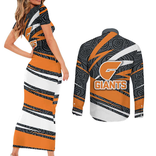 Greater Western Sydney Giants Australian Football Couples Matching Short Sleeve Bodycon Dress and Long Sleeve Button Shirt Athletic Hero Mascot With Indigenous Pattern Art