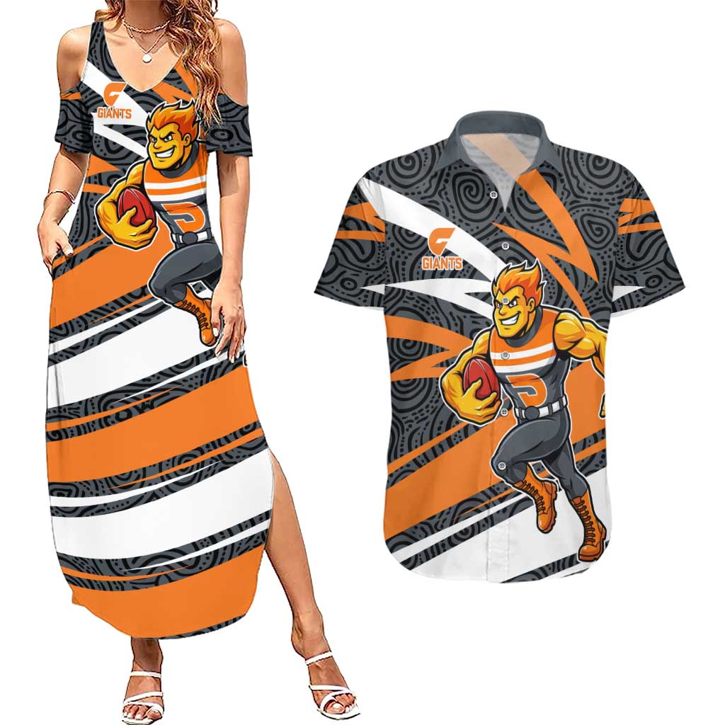 Greater Western Sydney Giants Australian Football Couples Matching Summer Maxi Dress and Hawaiian Shirt Athletic Hero Mascot With Indigenous Pattern Art