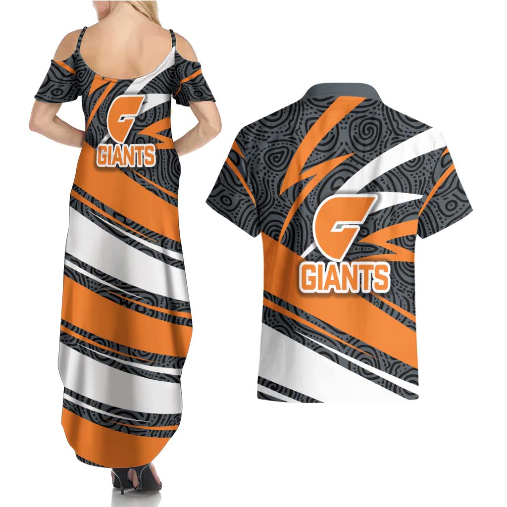 Greater Western Sydney Giants Australian Football Couples Matching Summer Maxi Dress and Hawaiian Shirt Athletic Hero Mascot With Indigenous Pattern Art