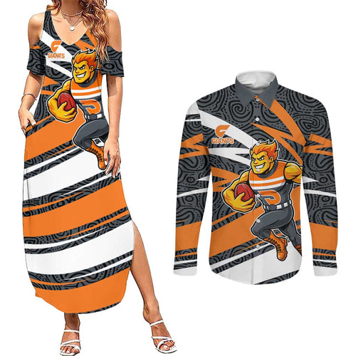 Greater Western Sydney Giants Australian Football Couples Matching Summer Maxi Dress and Long Sleeve Button Shirt Athletic Hero Mascot With Indigenous Pattern Art