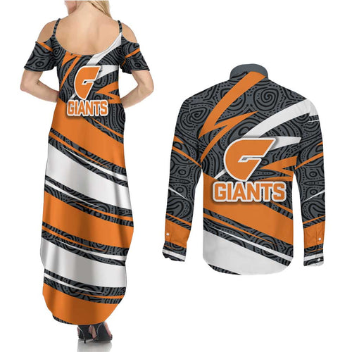 Greater Western Sydney Giants Australian Football Couples Matching Summer Maxi Dress and Long Sleeve Button Shirt Athletic Hero Mascot With Indigenous Pattern Art