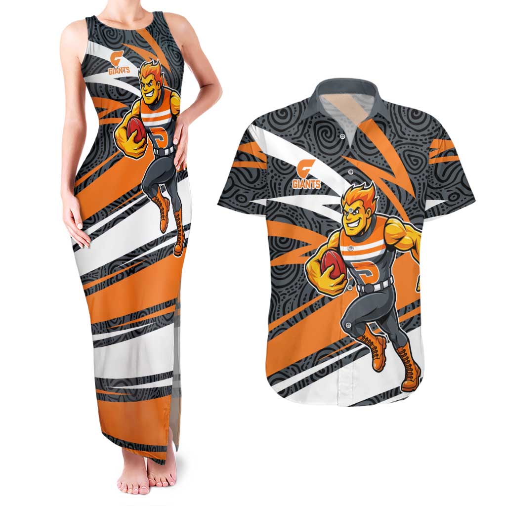 Greater Western Sydney Giants Australian Football Couples Matching Tank Maxi Dress and Hawaiian Shirt Athletic Hero Mascot With Indigenous Pattern Art
