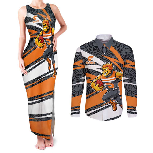Greater Western Sydney Giants Australian Football Couples Matching Tank Maxi Dress and Long Sleeve Button Shirt Athletic Hero Mascot With Indigenous Pattern Art