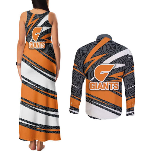Greater Western Sydney Giants Australian Football Couples Matching Tank Maxi Dress and Long Sleeve Button Shirt Athletic Hero Mascot With Indigenous Pattern Art