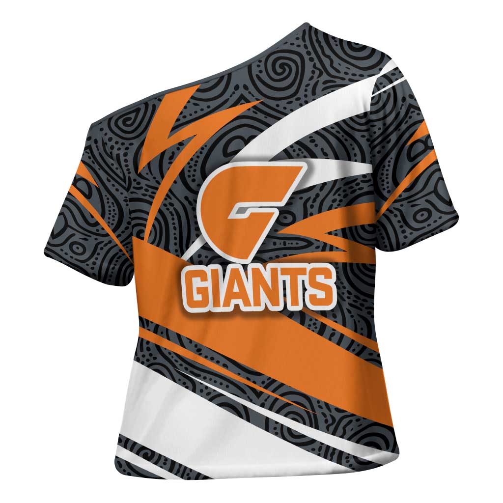 Greater Western Sydney Giants Australian Football Cross Shoulder Shirt Athletic Hero Mascot With Indigenous Pattern Art