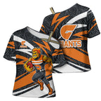 Greater Western Sydney Giants Australian Football Cross Shoulder Shirt Athletic Hero Mascot With Indigenous Pattern Art