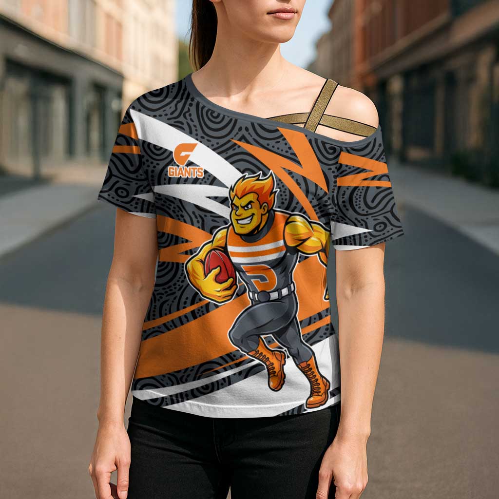 Greater Western Sydney Giants Australian Football Cross Shoulder Shirt Athletic Hero Mascot With Indigenous Pattern Art
