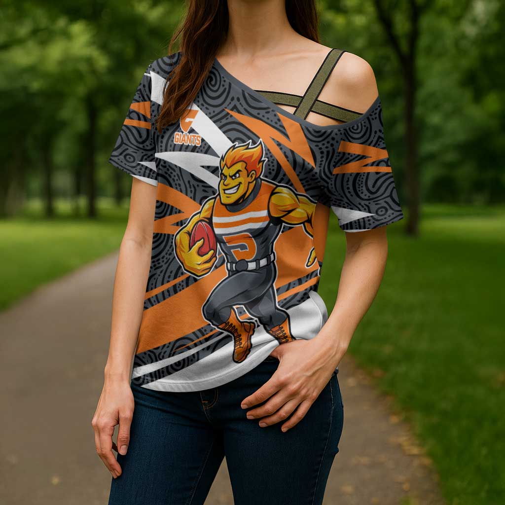 Greater Western Sydney Giants Australian Football Cross Shoulder Shirt Athletic Hero Mascot With Indigenous Pattern Art