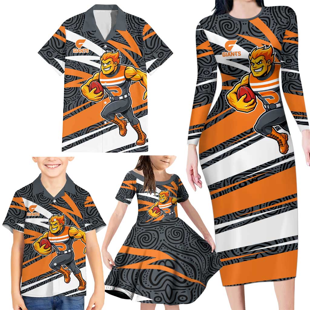 Greater Western Sydney Giants Australian Football Family Matching Long Sleeve Bodycon Dress and Hawaiian Shirt Athletic Hero Mascot With Indigenous Pattern Art