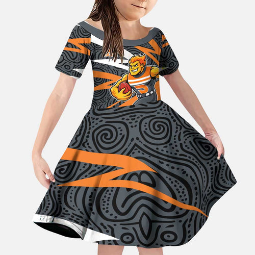 Greater Western Sydney Giants Australian Football Family Matching Long Sleeve Bodycon Dress and Hawaiian Shirt Athletic Hero Mascot With Indigenous Pattern Art
