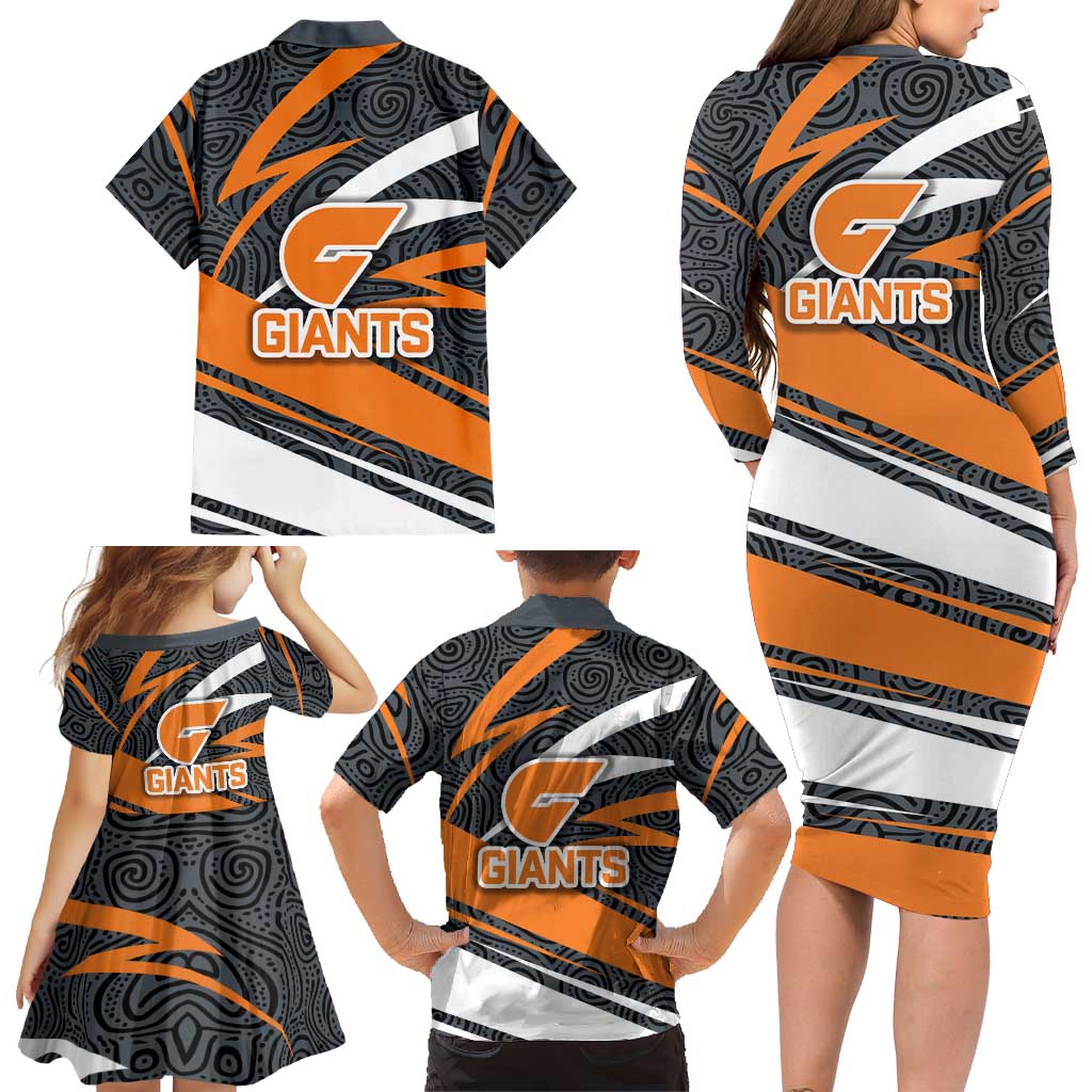 Greater Western Sydney Giants Australian Football Family Matching Long Sleeve Bodycon Dress and Hawaiian Shirt Athletic Hero Mascot With Indigenous Pattern Art