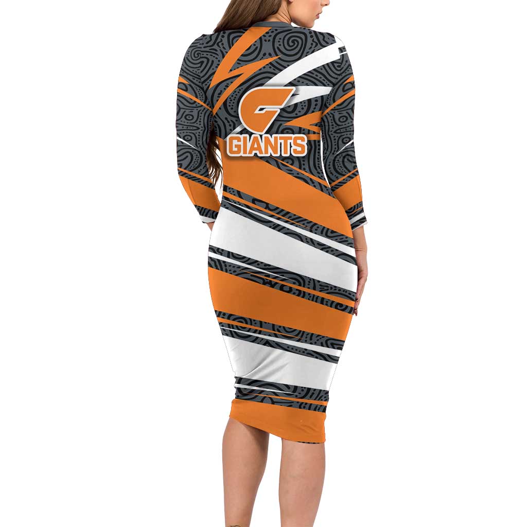 Greater Western Sydney Giants Australian Football Family Matching Long Sleeve Bodycon Dress and Hawaiian Shirt Athletic Hero Mascot With Indigenous Pattern Art