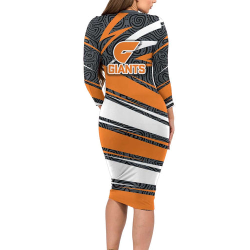 Greater Western Sydney Giants Australian Football Family Matching Long Sleeve Bodycon Dress and Hawaiian Shirt Athletic Hero Mascot With Indigenous Pattern Art