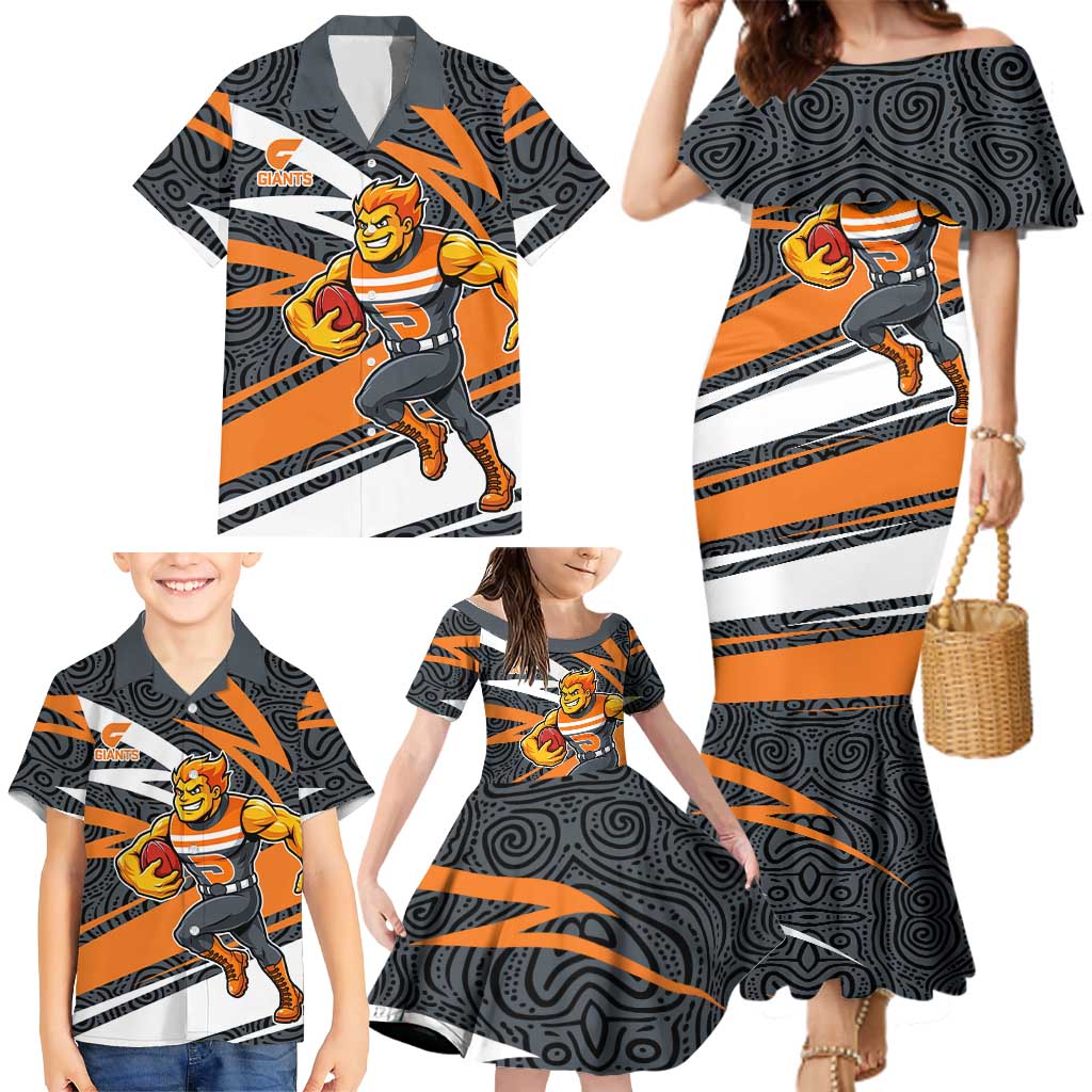 Greater Western Sydney Giants Australian Football Family Matching Mermaid Dress and Hawaiian Shirt Athletic Hero Mascot With Indigenous Pattern Art