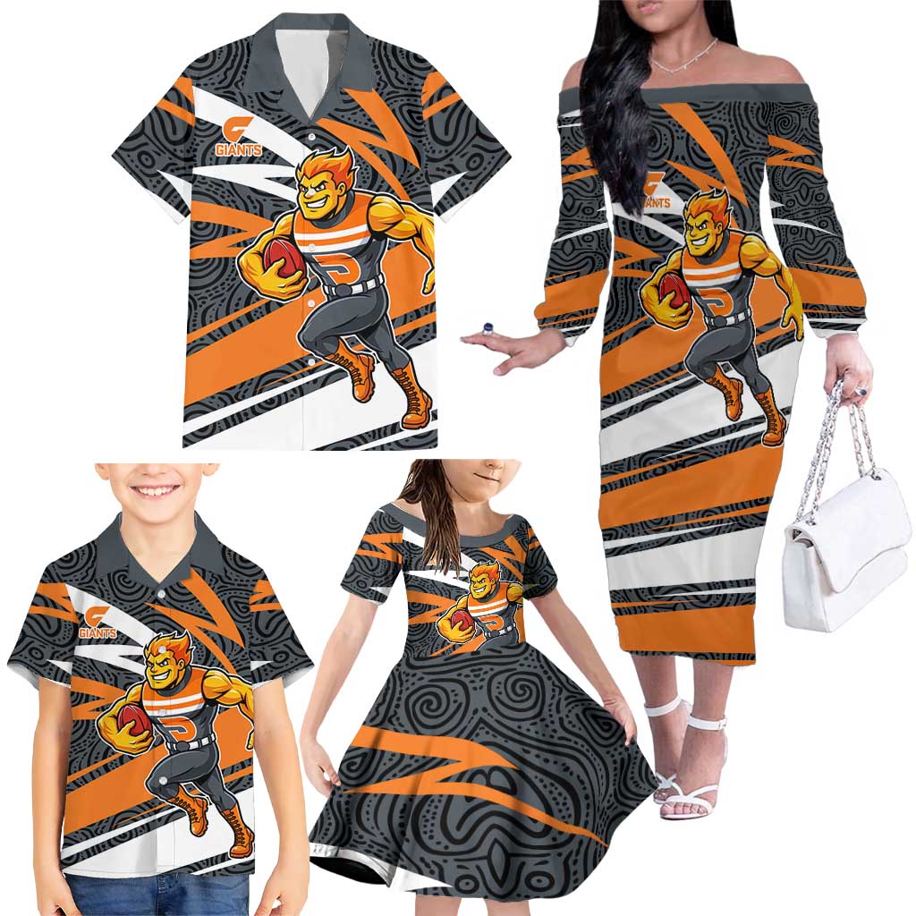 Greater Western Sydney Giants Australian Football Family Matching Off The Shoulder Long Sleeve Dress and Hawaiian Shirt Athletic Hero Mascot With Indigenous Pattern Art