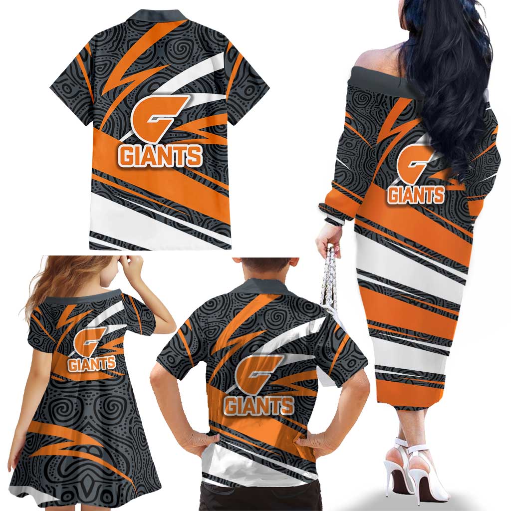 Greater Western Sydney Giants Australian Football Family Matching Off The Shoulder Long Sleeve Dress and Hawaiian Shirt Athletic Hero Mascot With Indigenous Pattern Art