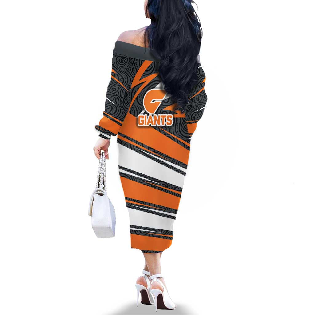 Greater Western Sydney Giants Australian Football Family Matching Off The Shoulder Long Sleeve Dress and Hawaiian Shirt Athletic Hero Mascot With Indigenous Pattern Art