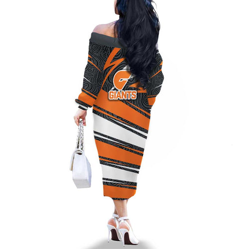 Greater Western Sydney Giants Australian Football Family Matching Off The Shoulder Long Sleeve Dress and Hawaiian Shirt Athletic Hero Mascot With Indigenous Pattern Art