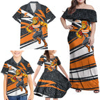 Greater Western Sydney Giants Australian Football Family Matching Off Shoulder Maxi Dress and Hawaiian Shirt Athletic Hero Mascot With Indigenous Pattern Art