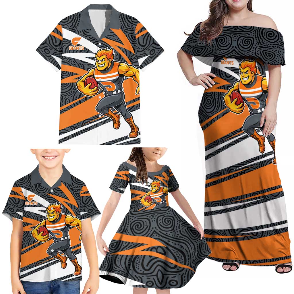 Greater Western Sydney Giants Australian Football Family Matching Off Shoulder Maxi Dress and Hawaiian Shirt Athletic Hero Mascot With Indigenous Pattern Art