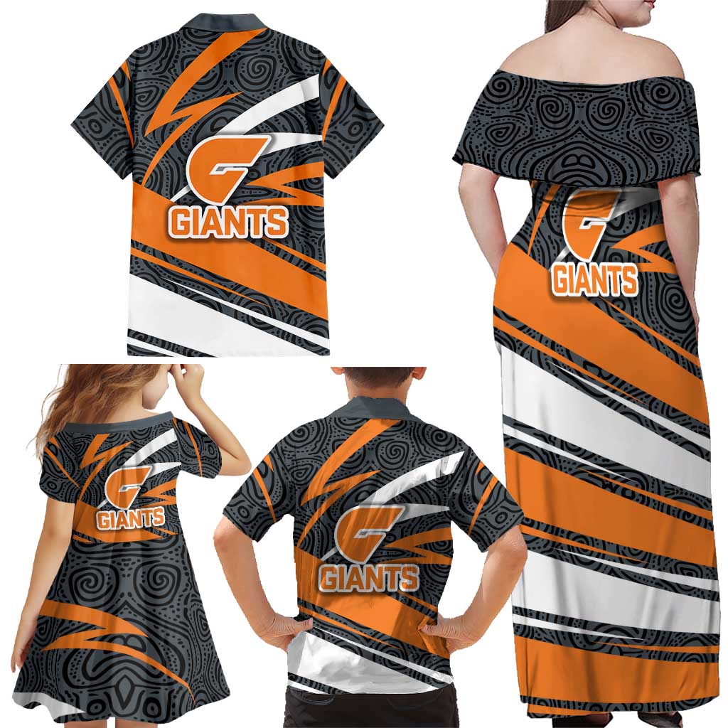Greater Western Sydney Giants Australian Football Family Matching Off Shoulder Maxi Dress and Hawaiian Shirt Athletic Hero Mascot With Indigenous Pattern Art