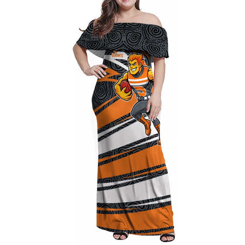 Greater Western Sydney Giants Australian Football Family Matching Off Shoulder Maxi Dress and Hawaiian Shirt Athletic Hero Mascot With Indigenous Pattern Art
