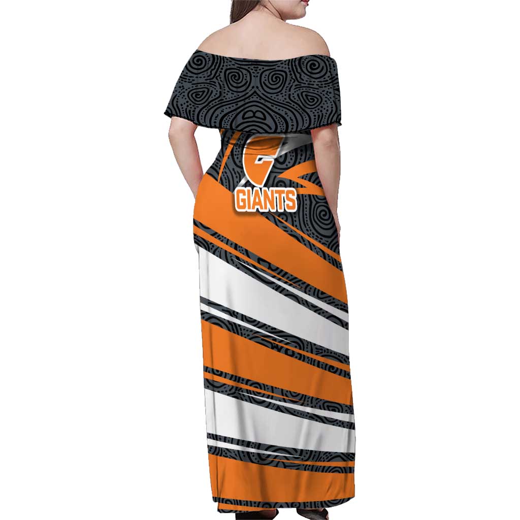 Greater Western Sydney Giants Australian Football Family Matching Off Shoulder Maxi Dress and Hawaiian Shirt Athletic Hero Mascot With Indigenous Pattern Art