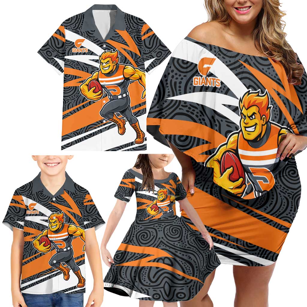 Greater Western Sydney Giants Australian Football Family Matching Off Shoulder Short Dress and Hawaiian Shirt Athletic Hero Mascot With Indigenous Pattern Art