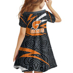 Greater Western Sydney Giants Australian Football Family Matching Off Shoulder Short Dress and Hawaiian Shirt Athletic Hero Mascot With Indigenous Pattern Art
