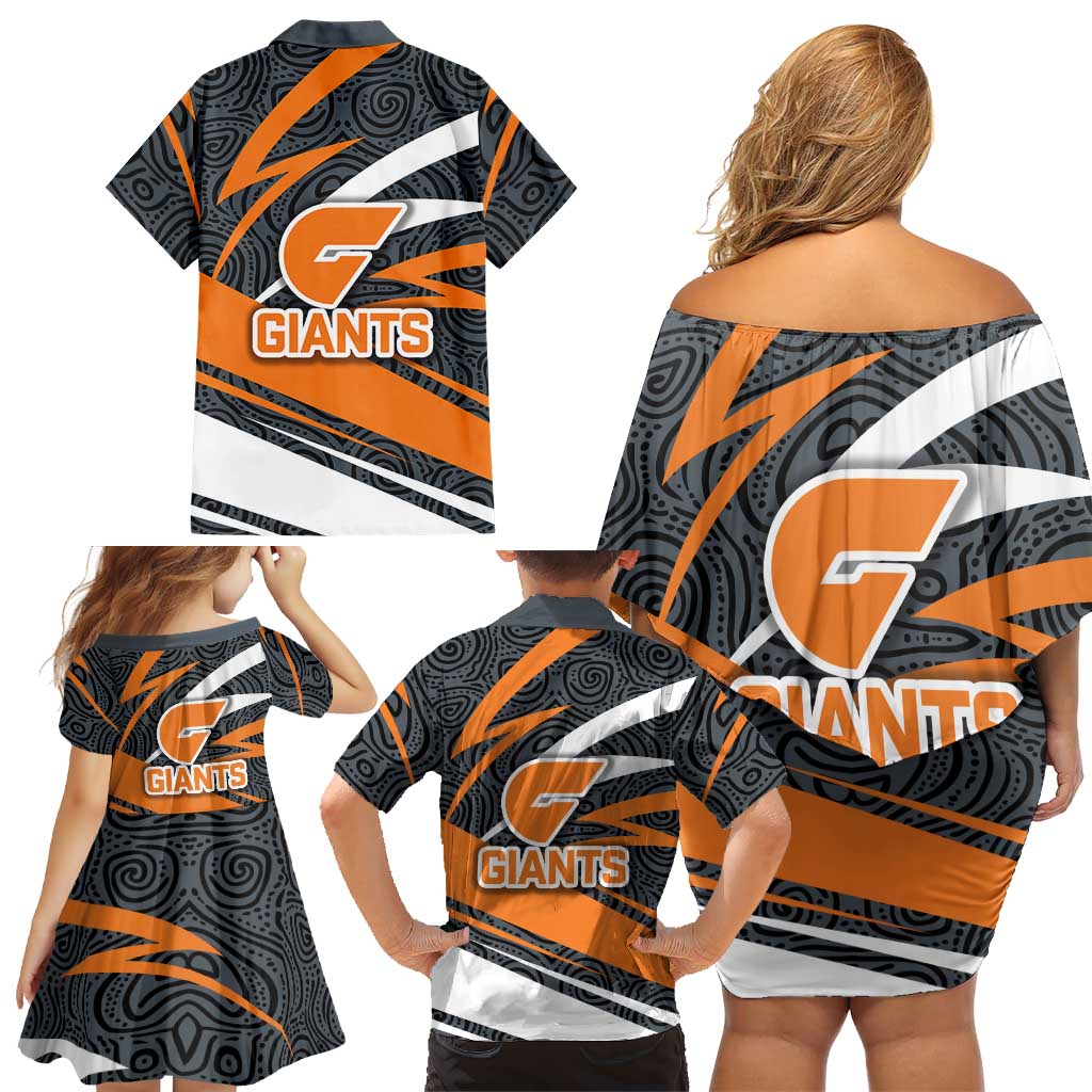 Greater Western Sydney Giants Australian Football Family Matching Off Shoulder Short Dress and Hawaiian Shirt Athletic Hero Mascot With Indigenous Pattern Art