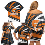 Greater Western Sydney Giants Australian Football Family Matching Off Shoulder Short Dress and Hawaiian Shirt Athletic Hero Mascot With Indigenous Pattern Art